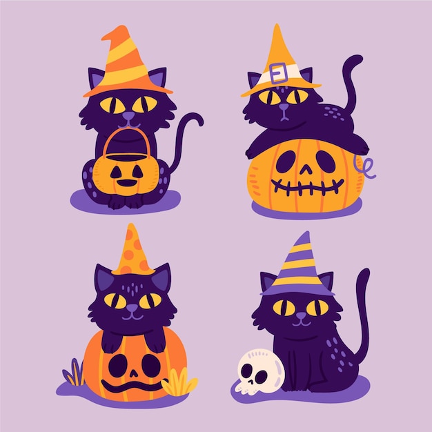 Вектор Коллекция рисованной плоских кошек на хэллоуин