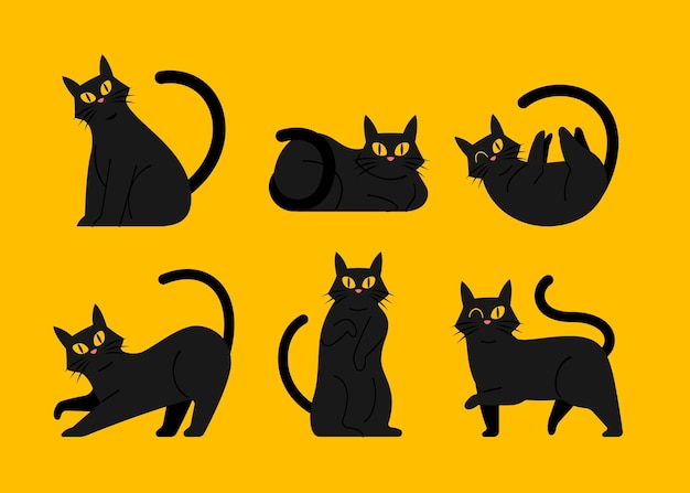 Hand drawn flat halloween black cats collection