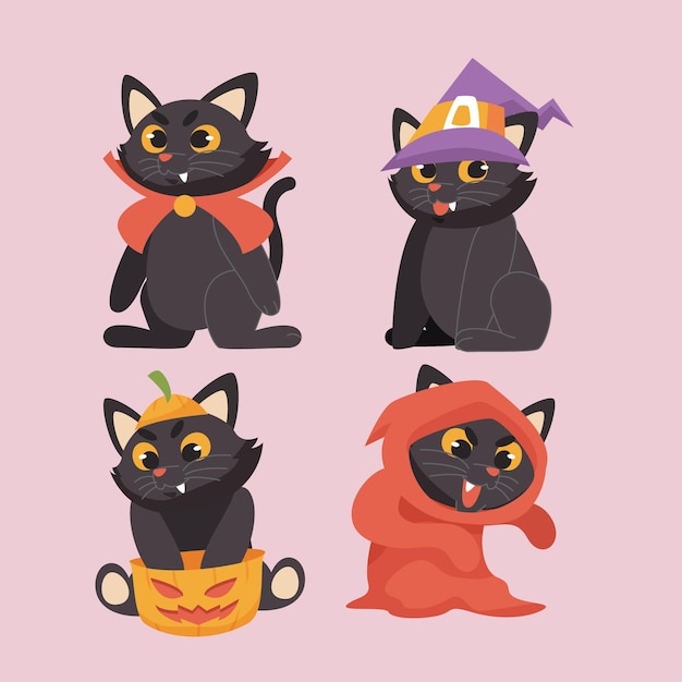 Hand drawn flat halloween black cats collection