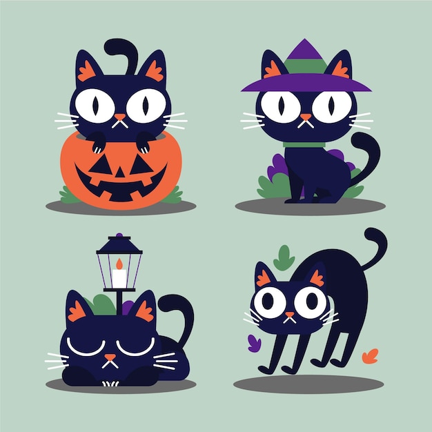 Vector hand drawn flat halloween black cats collection