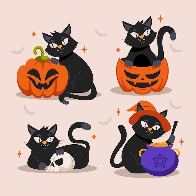 Vector hand drawn flat halloween black cats collection