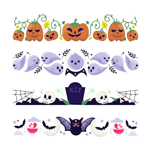 Vector hand drawn flat halloween borders collection