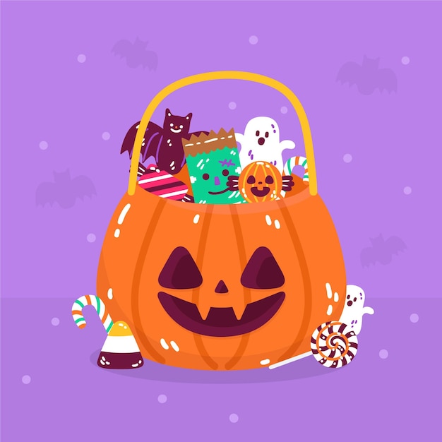 ベクトル 手描きフラットハロウィンキャンディーバッグイラスト