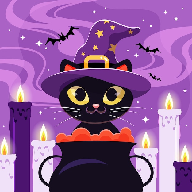 Vettore illustrazione disegnata a mano del gatto di halloween piatto