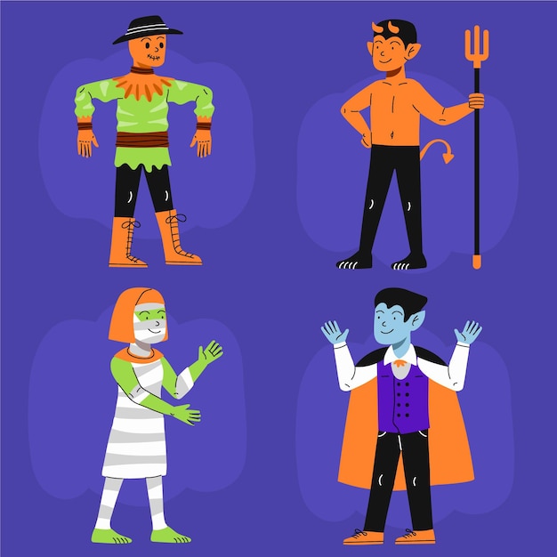 Vector hand drawn flat halloween characters collection