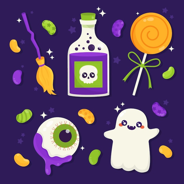 Hand drawn flat halloween elements collection