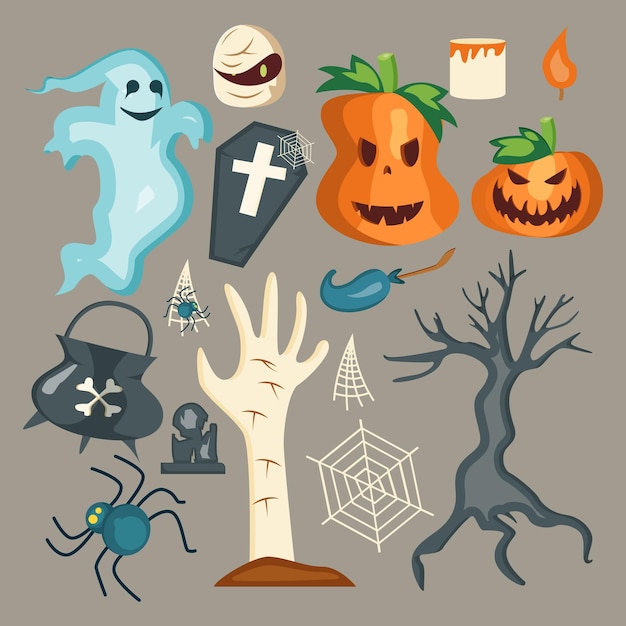 Collezione di elementi piatti di halloween disegnati a mano