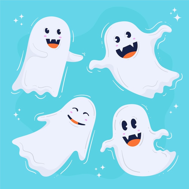 Vector hand drawn flat halloween ghosts collection