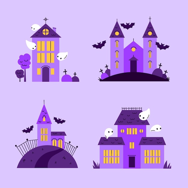 ベクトル 手描きのフラットハロウィンお化け屋敷コレクション