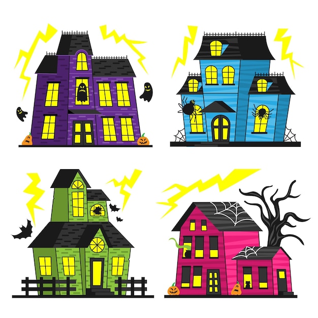 Hand drawn flat halloween haunted houses collection