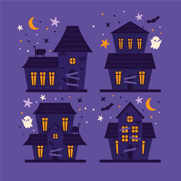 Hand drawn flat halloween haunted houses collection