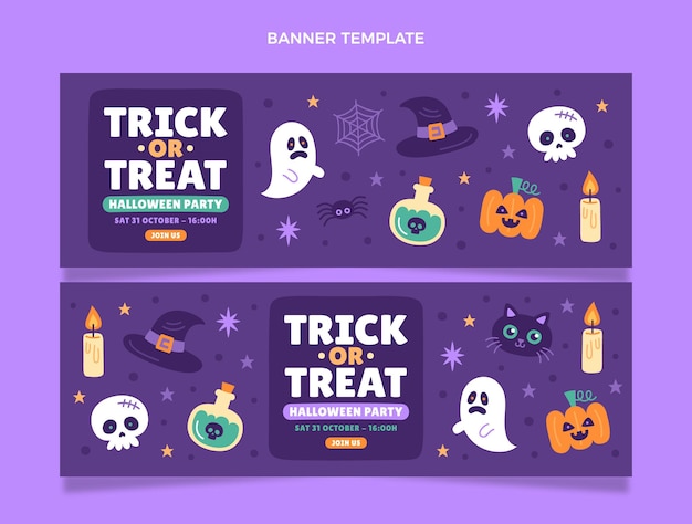 Set di banner orizzontali piatti di halloween disegnati a mano