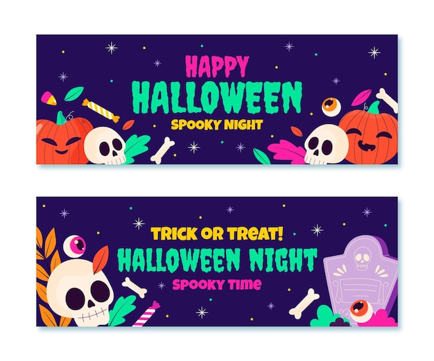 Vector hand drawn flat halloween horizontal banners set