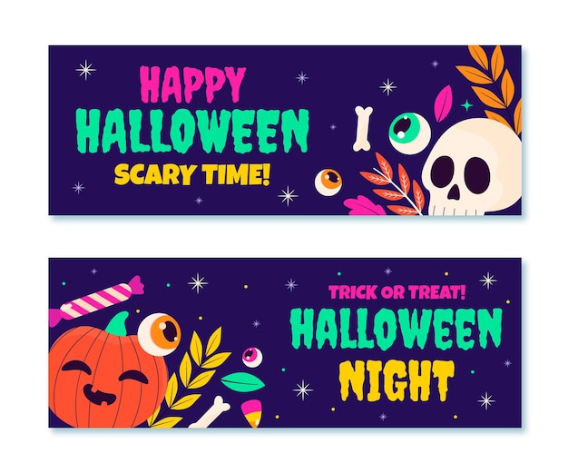 Vettore set di banner orizzontali piatti di halloween disegnati a mano