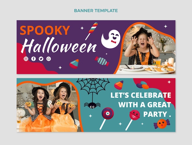 Set di banner orizzontali piatti di halloween disegnati a mano