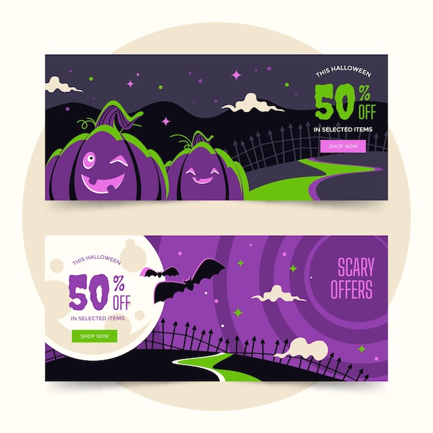 Set di banner di vendita orizzontale piatto halloween disegnato a mano