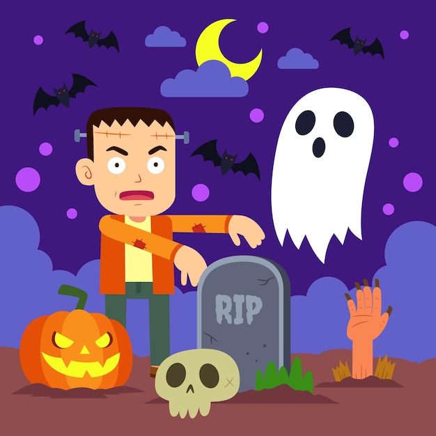 Vector hand drawn flat halloween illustration