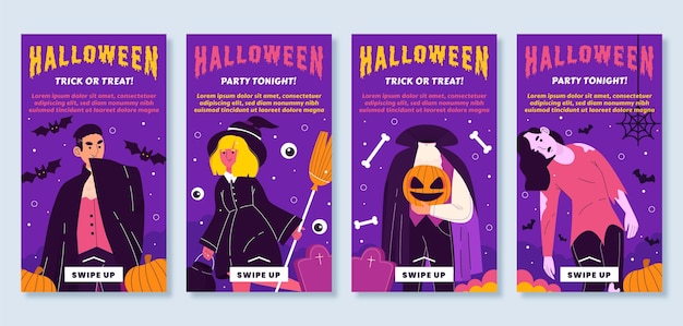 Vector hand drawn flat halloween instagram stories collection