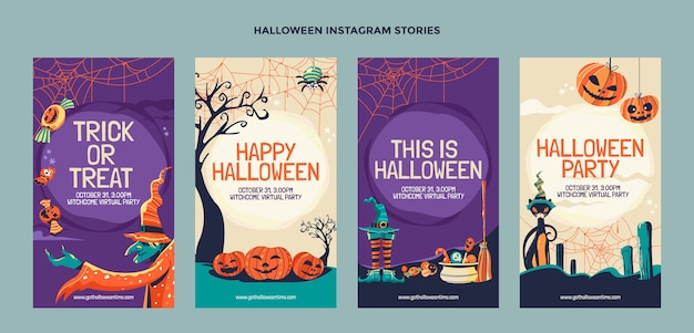 Vettore collezione di storie di instagram di halloween piatto disegnato a mano