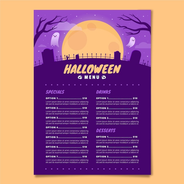 Vector hand drawn flat halloween menu template