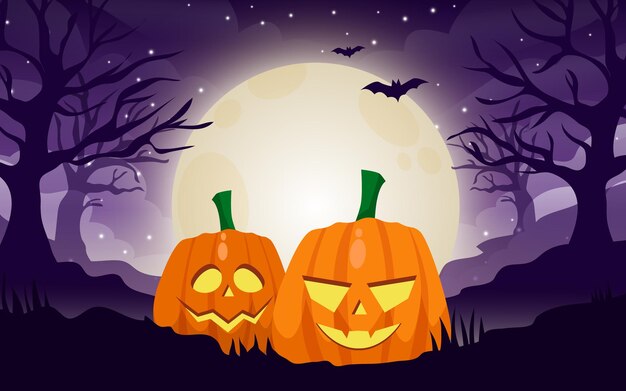 手描きのカボチャの背景を持つフラットなハロウィーンの夜