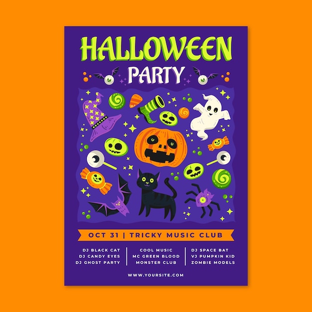 Vector hand drawn flat halloween party vertical flyer template