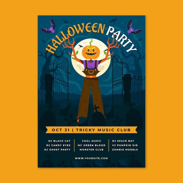 Vector hand drawn flat halloween party vertical flyer template