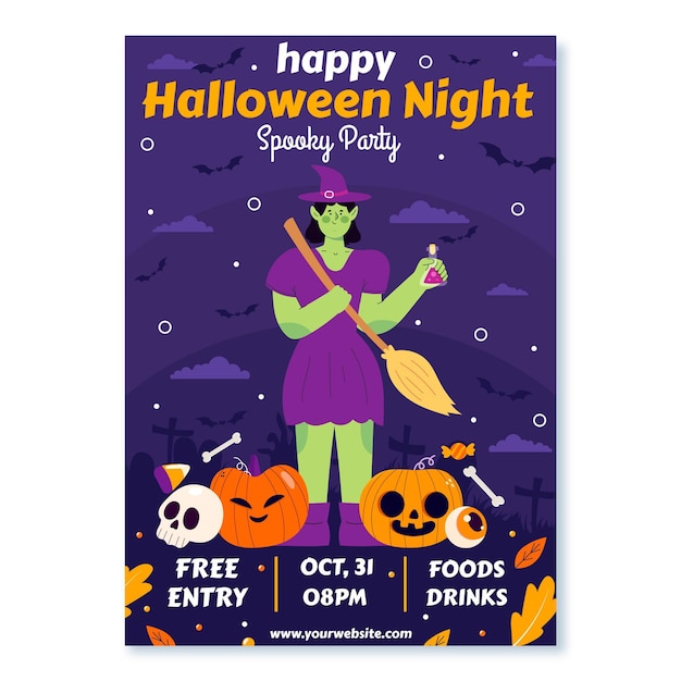 Vector hand drawn flat halloween party vertical poster template