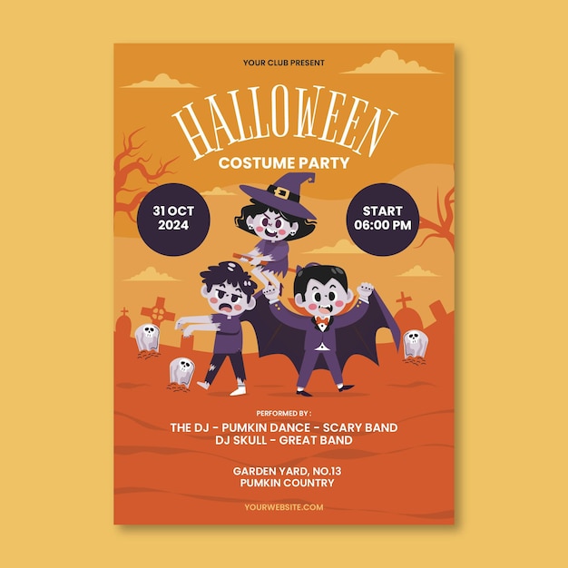 Vector hand drawn flat halloween party vertical poster template