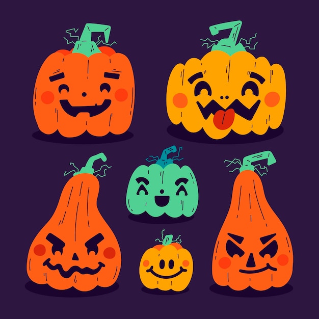 Vector hand drawn flat halloween pumpkins collection