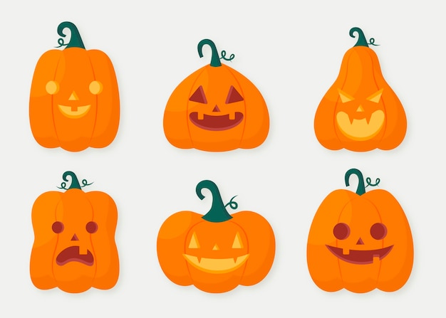 ベクトル 手描きのフラットハロウィンカボチャコレクション