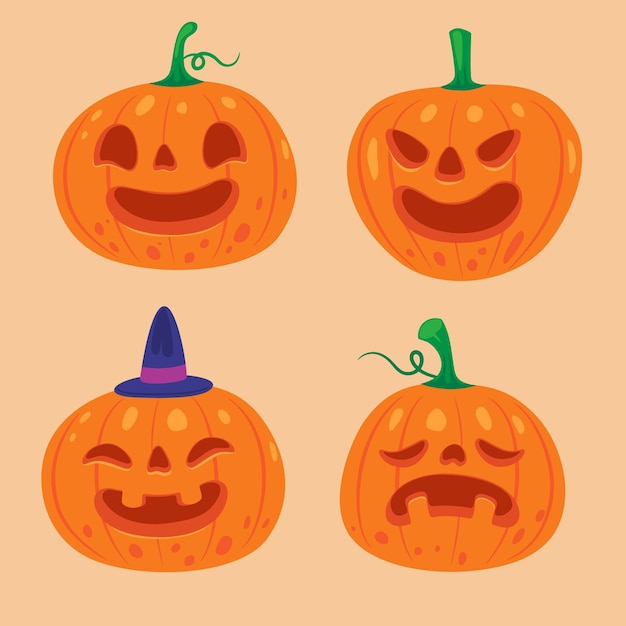 Hand drawn flat halloween pumpkins collection