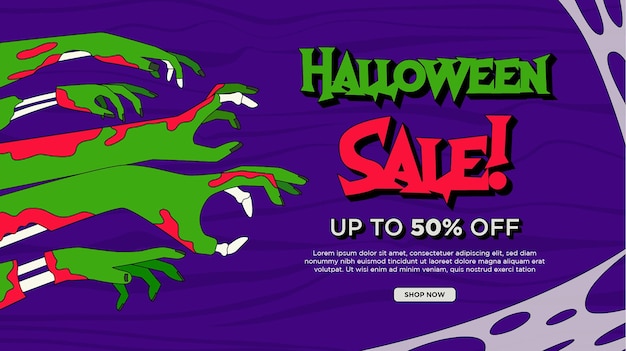 Banner orizzontale di vendita di halloween piatto disegnato a mano