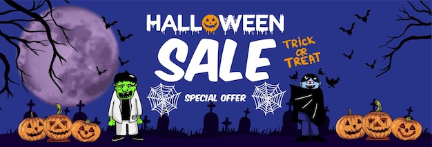 Vector hand drawn flat halloween sale horizontal banner