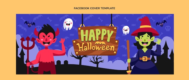 Hand drawn flat halloween social media cover template