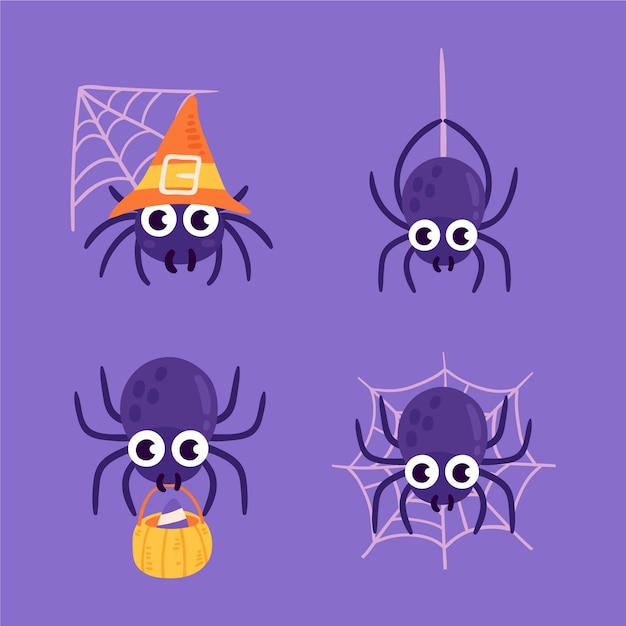 Hand drawn flat halloween spiders collection