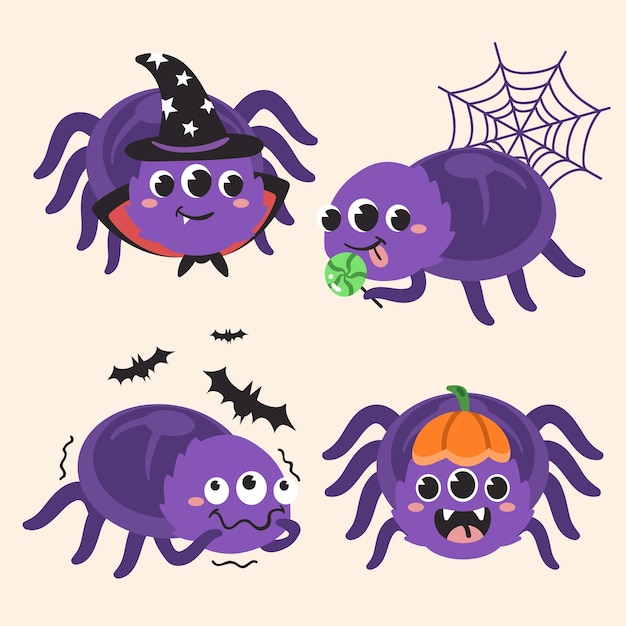 Hand drawn flat halloween spiders collection