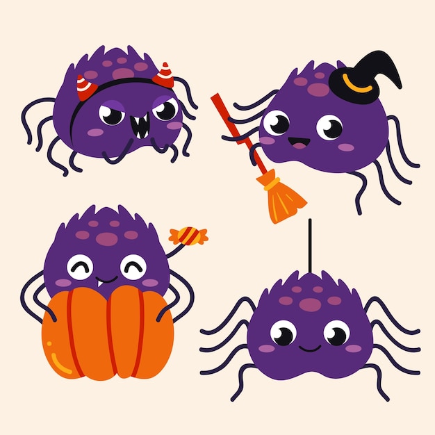 Vector hand drawn flat halloween spiders collection