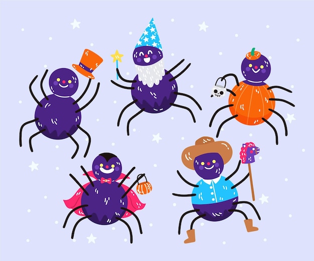 Vector hand drawn flat halloween spiders collection