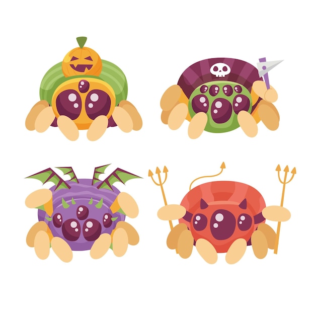 Vector hand drawn flat halloween spiders collection