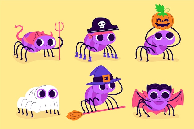 Hand drawn flat halloween spiders collection