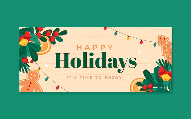 Vector hand drawn flat happy holidays horizontal banner