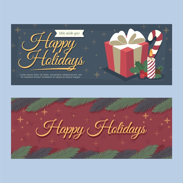 Vector hand drawn flat happy holidays horizontal banners set