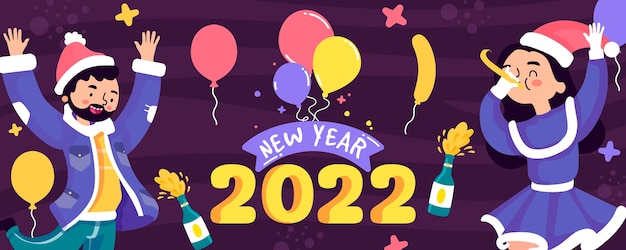 Vettore banner piatto felice anno nuovo 2022 disegnato a mano