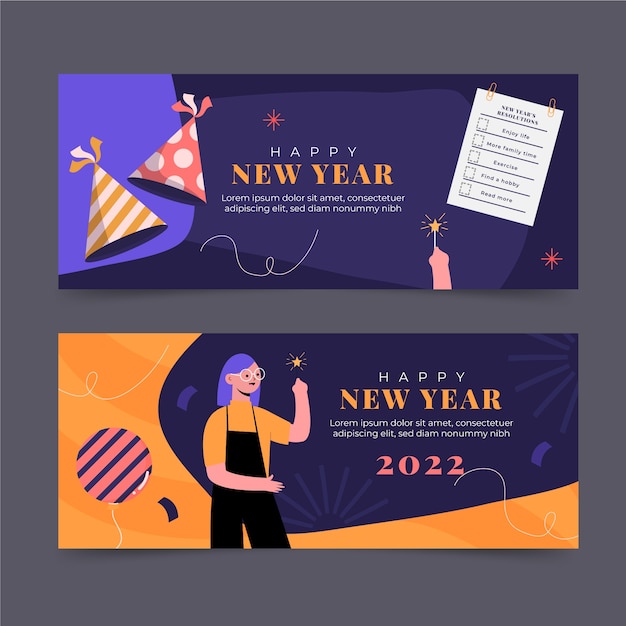 Hand drawn flat happy new year 2022 banners set