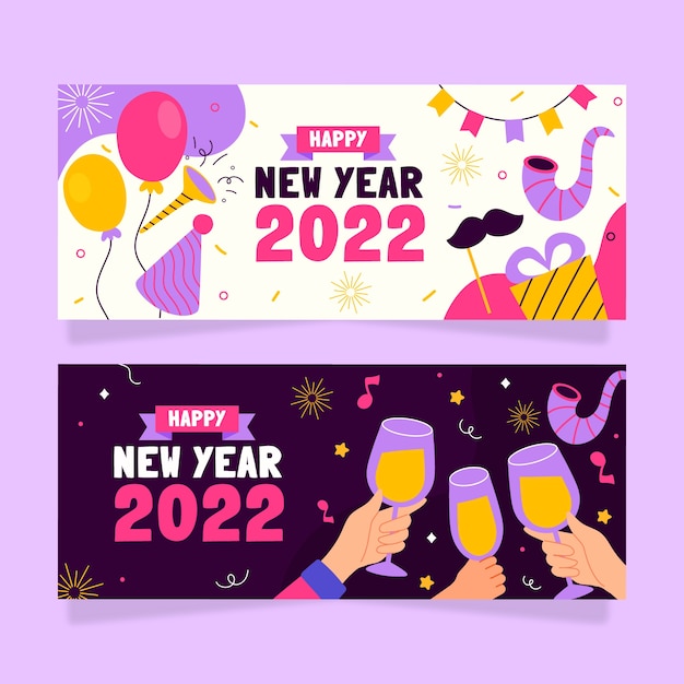 Vettore set di banner piatto felice anno nuovo 2022 disegnato a mano