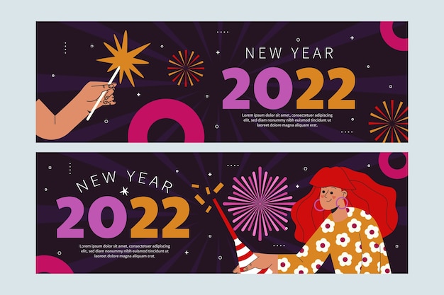 Vettore set di banner piatto felice anno nuovo 2022 disegnato a mano