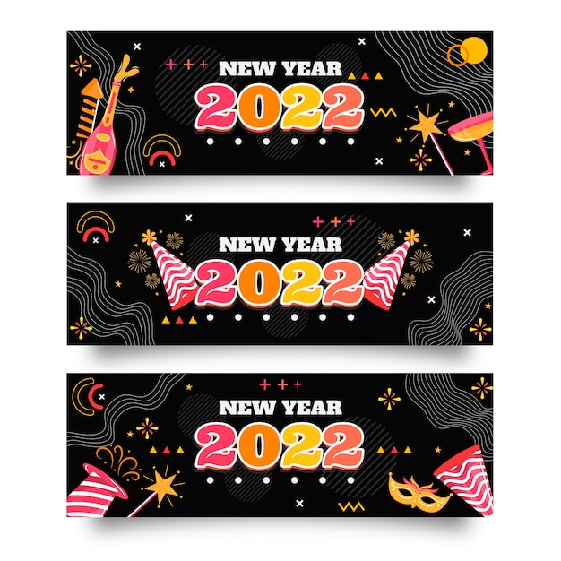 Vector hand drawn flat happy new year 2022 banners set
