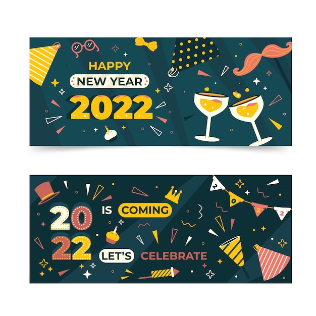 Hand drawn flat happy new year 2022 banners set