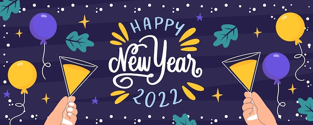 Hand drawn flat happy new year 2022 horizontal banner